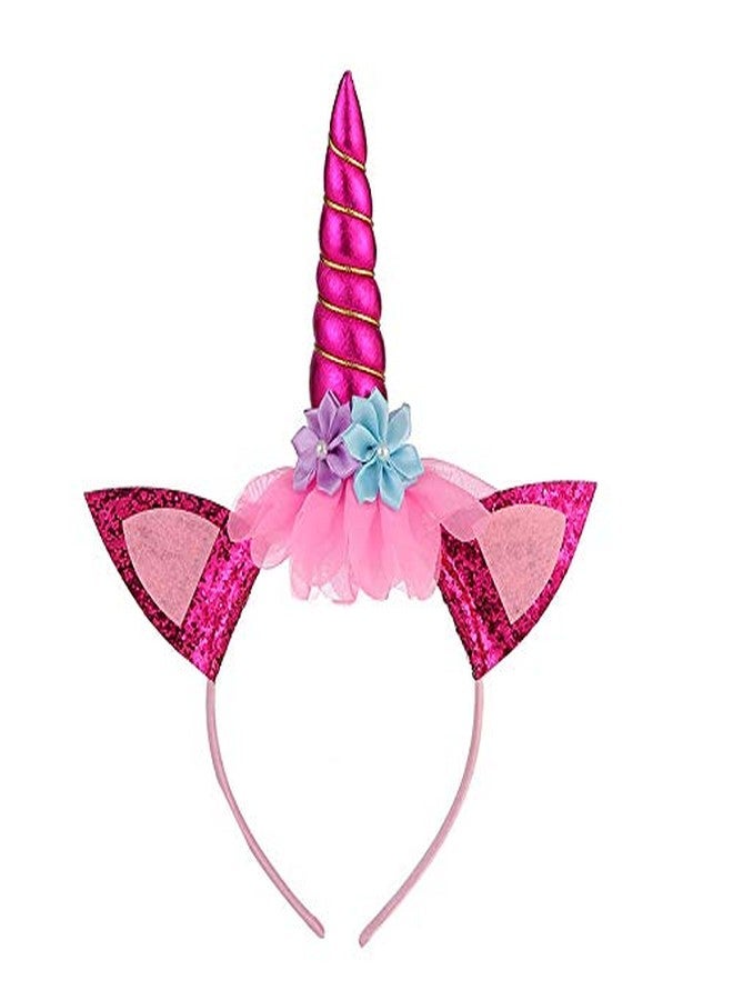 PartyToko Unicorn Horn Glitter Ears Flower Headband Birthday Party Favor Supplies (1 Pcs) - Image 1